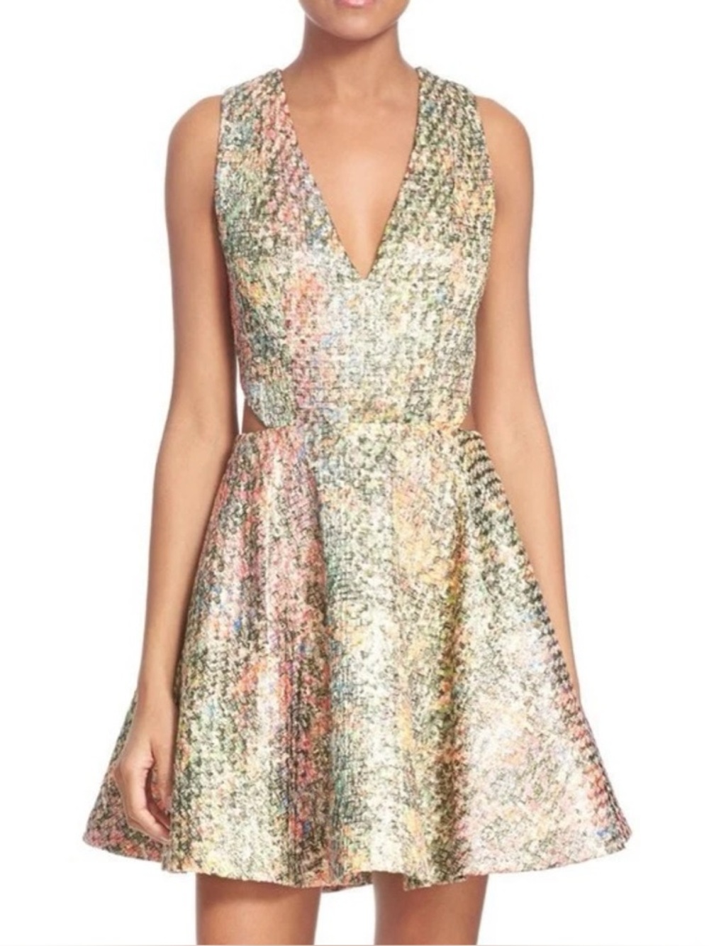 Alice + Olivia Varita Dress Mini Cutout Fit and Flare Back Zip Metallic